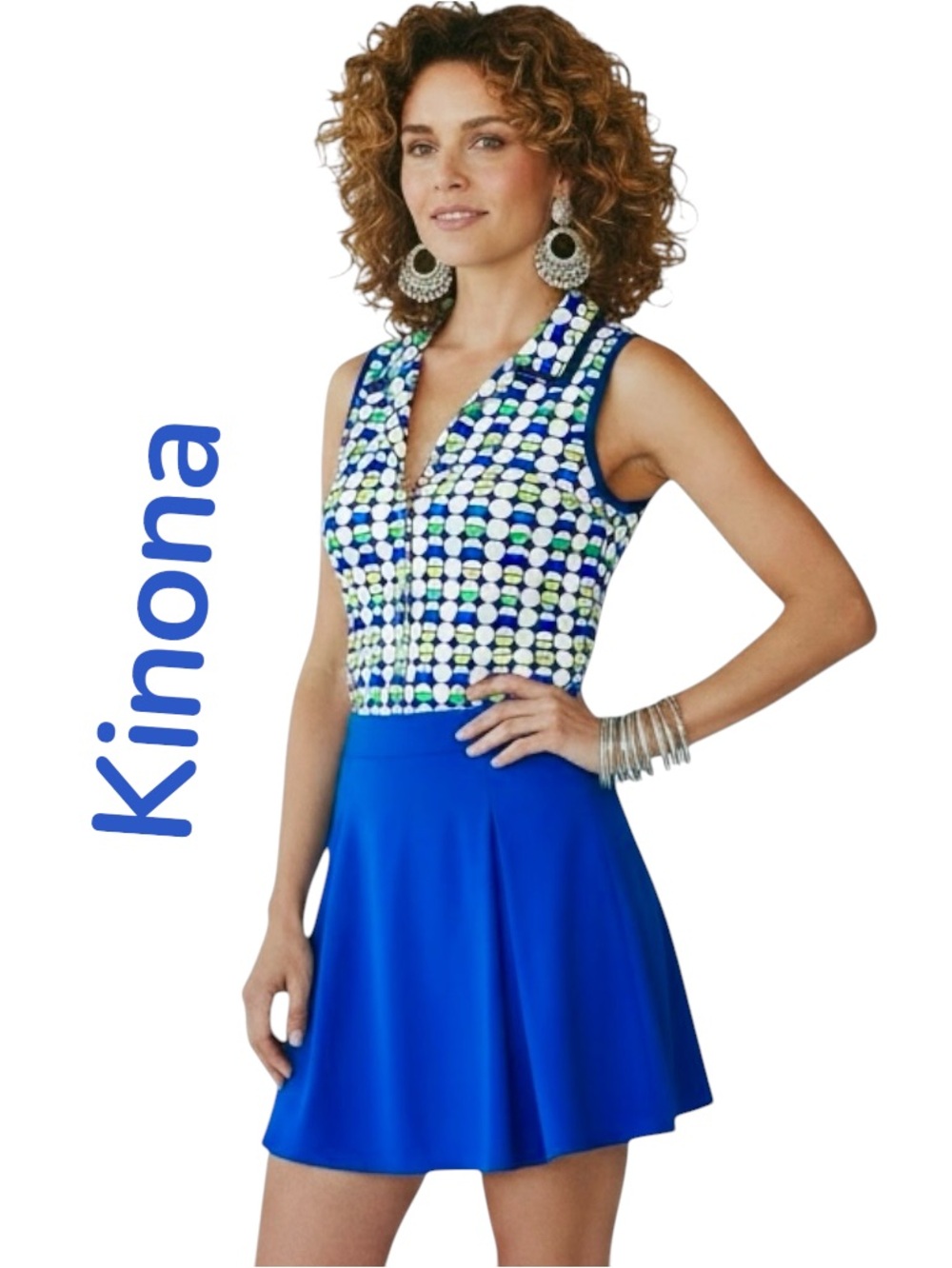 Kinona Golf Top Blue Green Yellow Button Up Collared Shirt Sleeveless Adjusted M